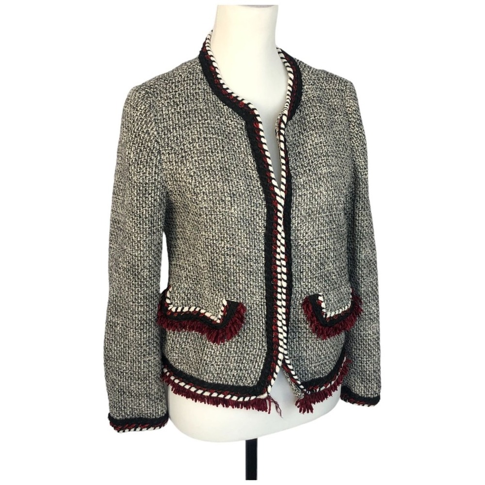Zara Women's Classic Short Corpcore Textured Weave Red Trim Office Jacket Sz S